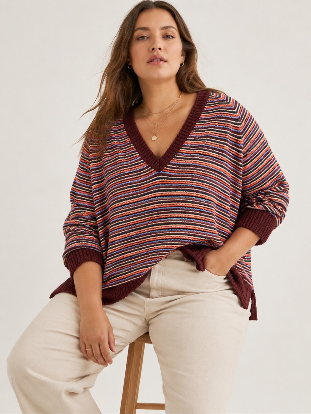 NWT Madewell Arden Striped Pullover Sweater XXL 100% Cotton V Neck Split Hem